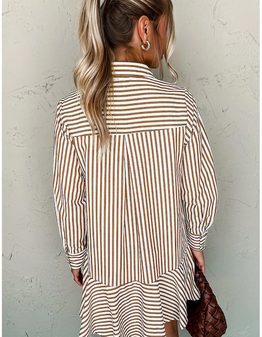 Brown Stripe Ruffled Hem Collared Long Sleeve Shirt Mini Dress, 13 of 12