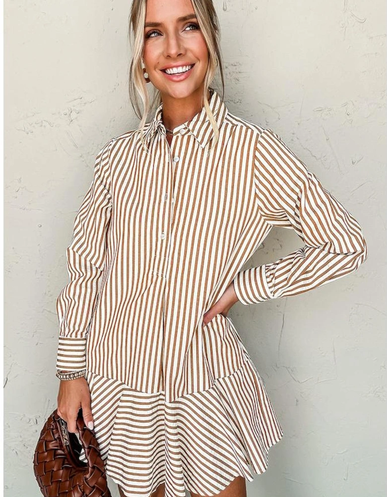 Brown Stripe Ruffled Hem Collared Long Sleeve Shirt Mini Dress
