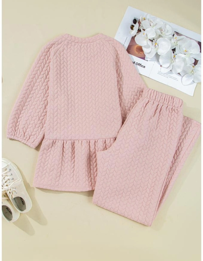 Delicacy Braided Texture Ruffle Hem Top Drawstring Loose Pants Set