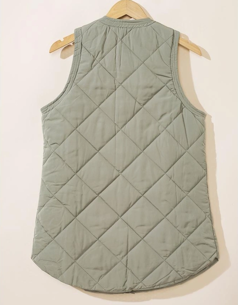 Grass Green Quilted Long Vest Jacket with Pockets