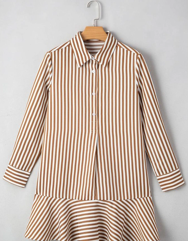 Brown Stripe Ruffled Hem Collared Long Sleeve Shirt Mini Dress