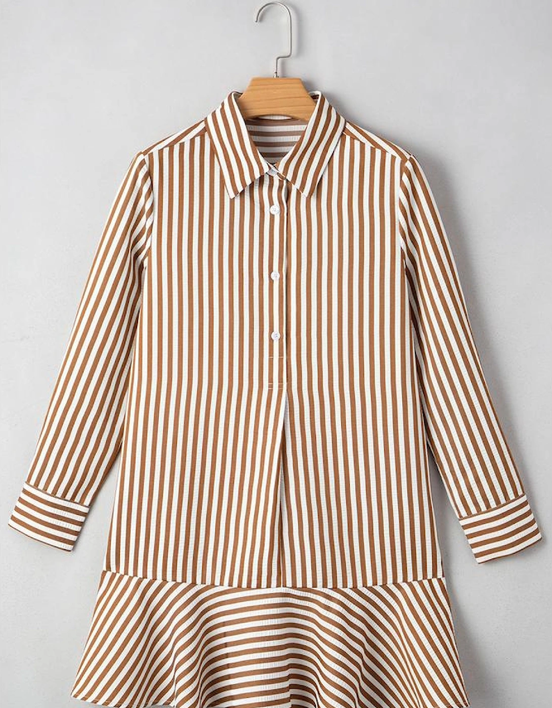 Brown Stripe Ruffled Hem Collared Long Sleeve Shirt Mini Dress