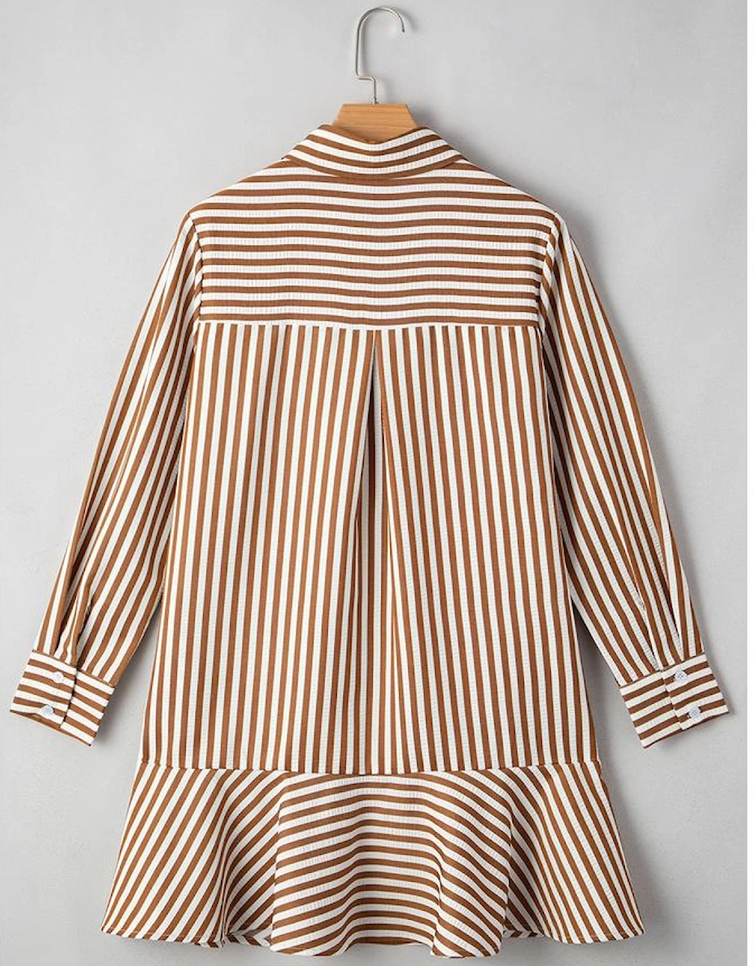 Brown Stripe Ruffled Hem Collared Long Sleeve Shirt Mini Dress