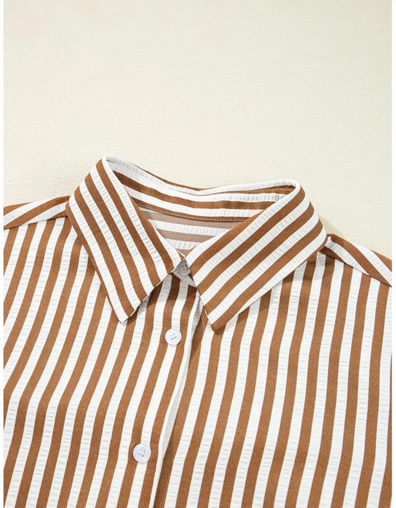 Brown Stripe Ruffled Hem Collared Long Sleeve Shirt Mini Dress