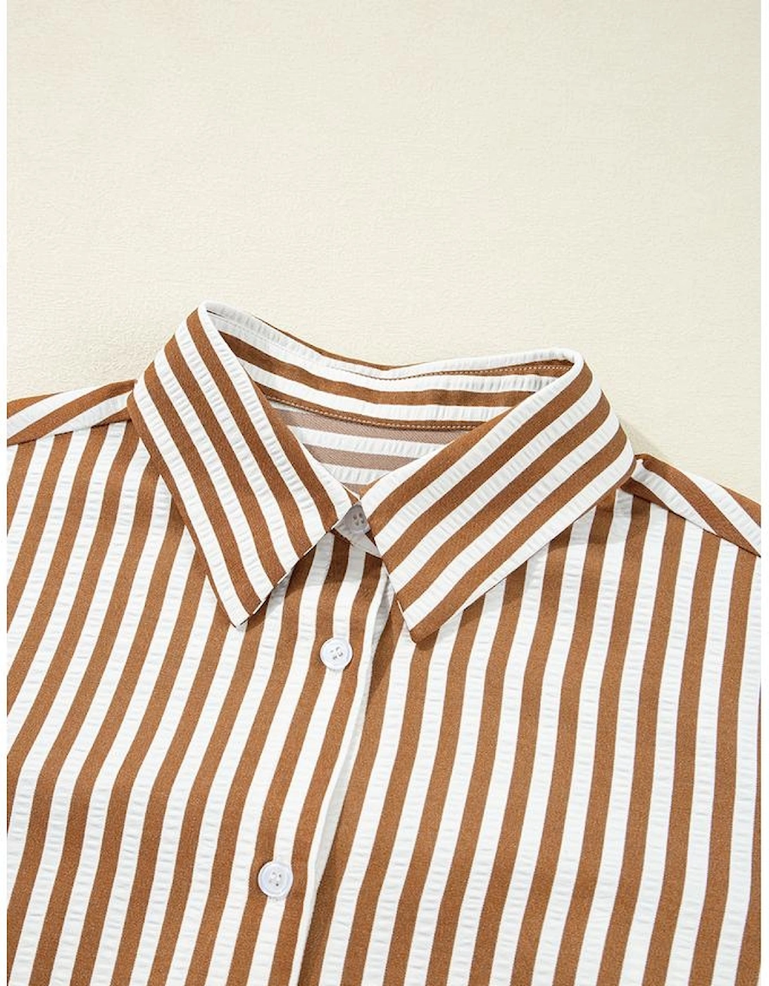 Brown Stripe Ruffled Hem Collared Long Sleeve Shirt Mini Dress