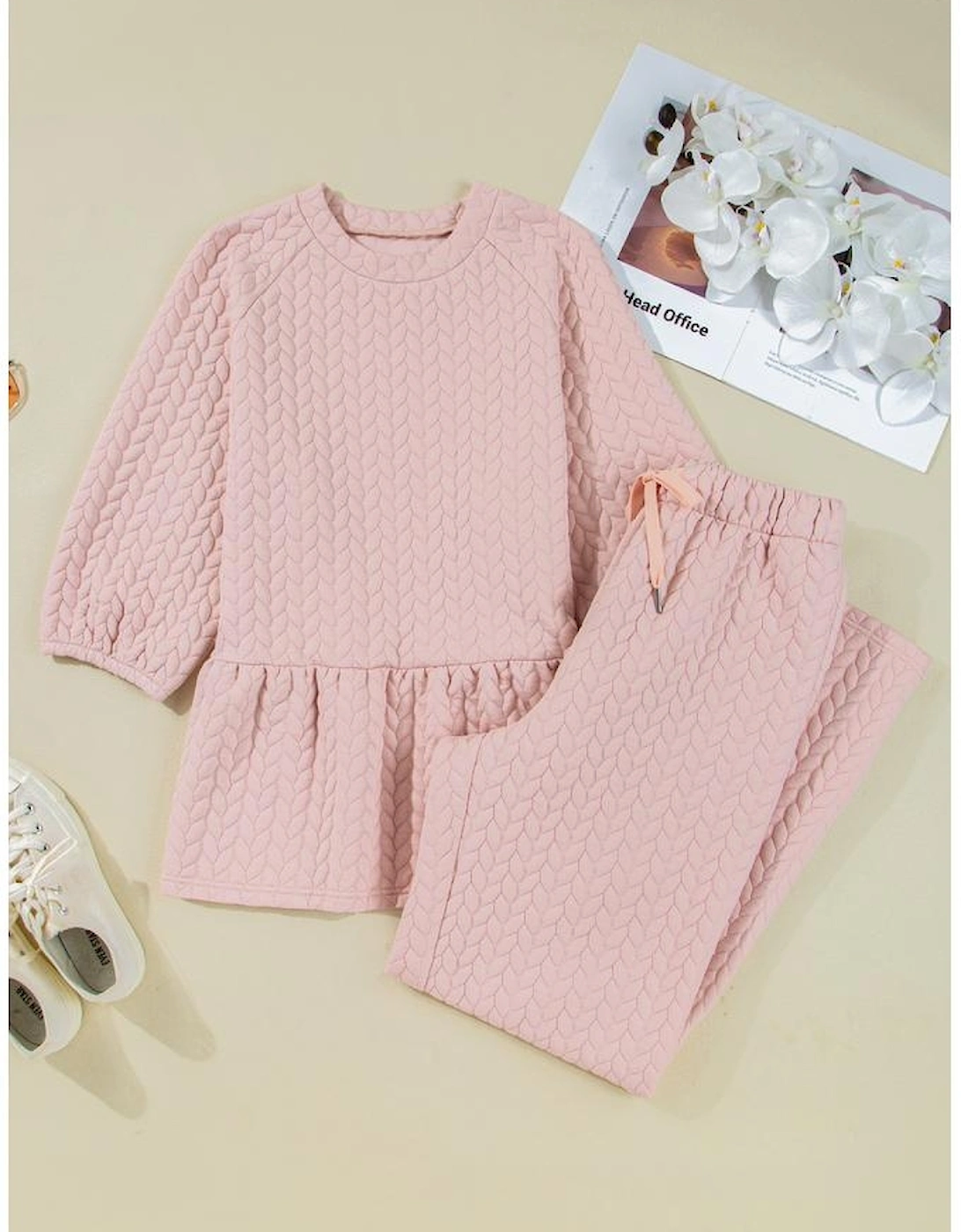 Delicacy Braided Texture Ruffle Hem Top Drawstring Loose Pants Set