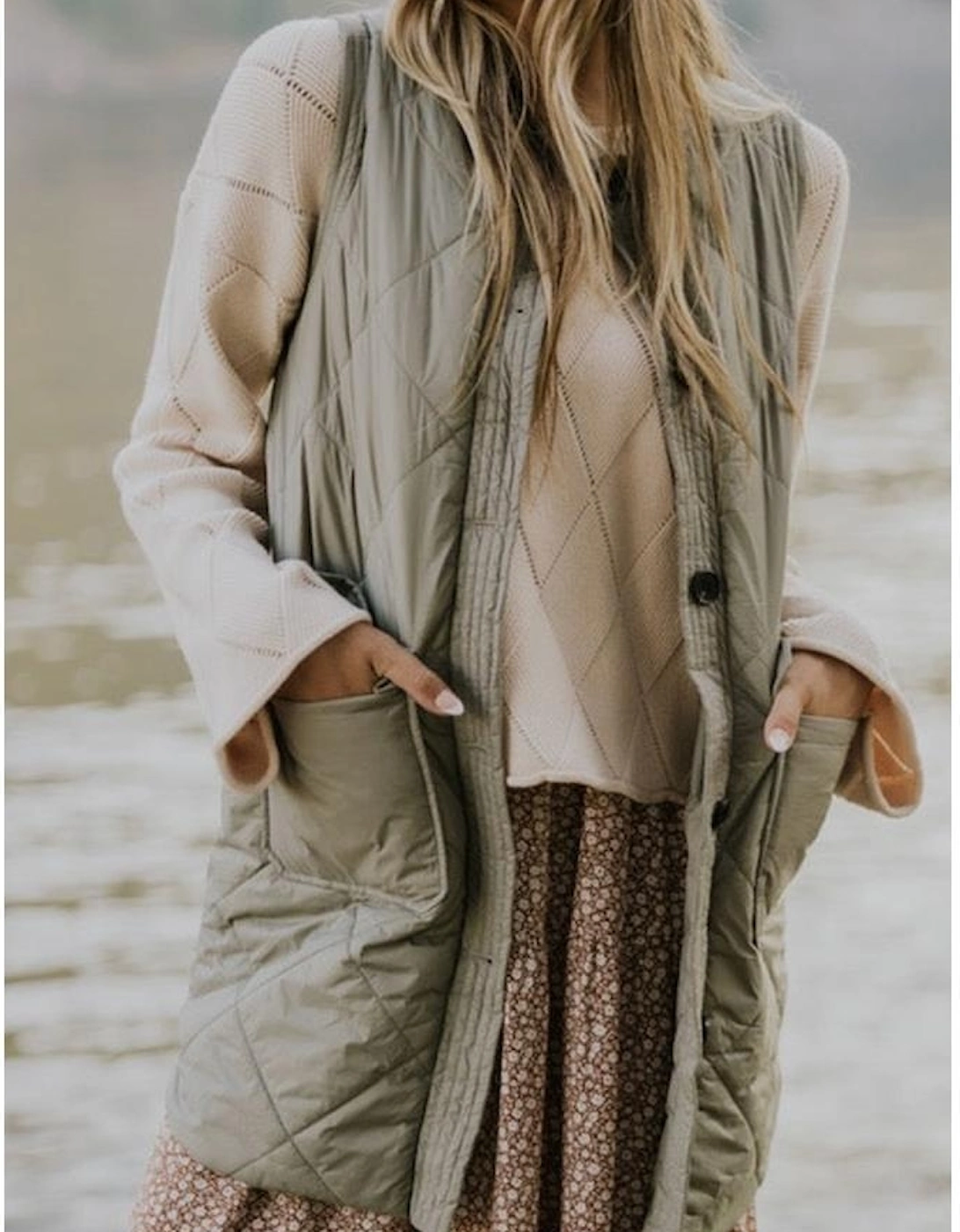 Grass Green Quilted Long Vest Jacket with Pockets, 14 of 13