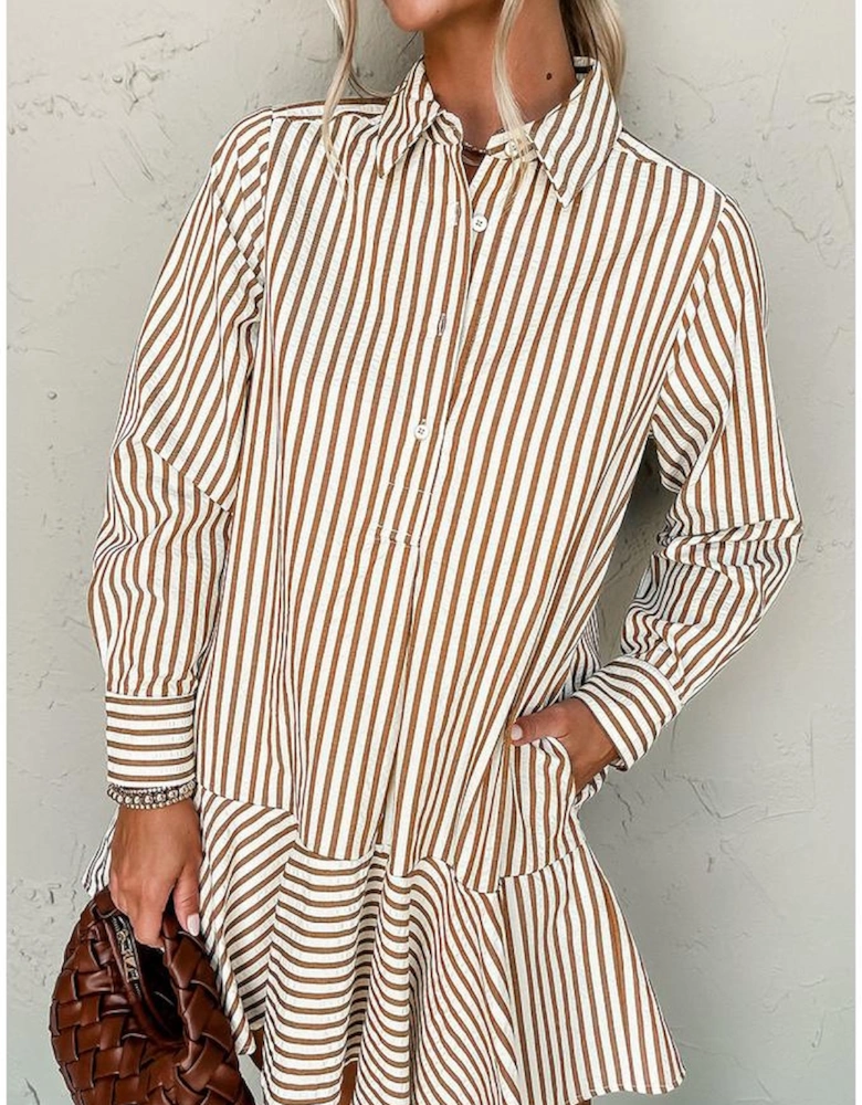 Brown Stripe Ruffled Hem Collared Long Sleeve Shirt Mini Dress