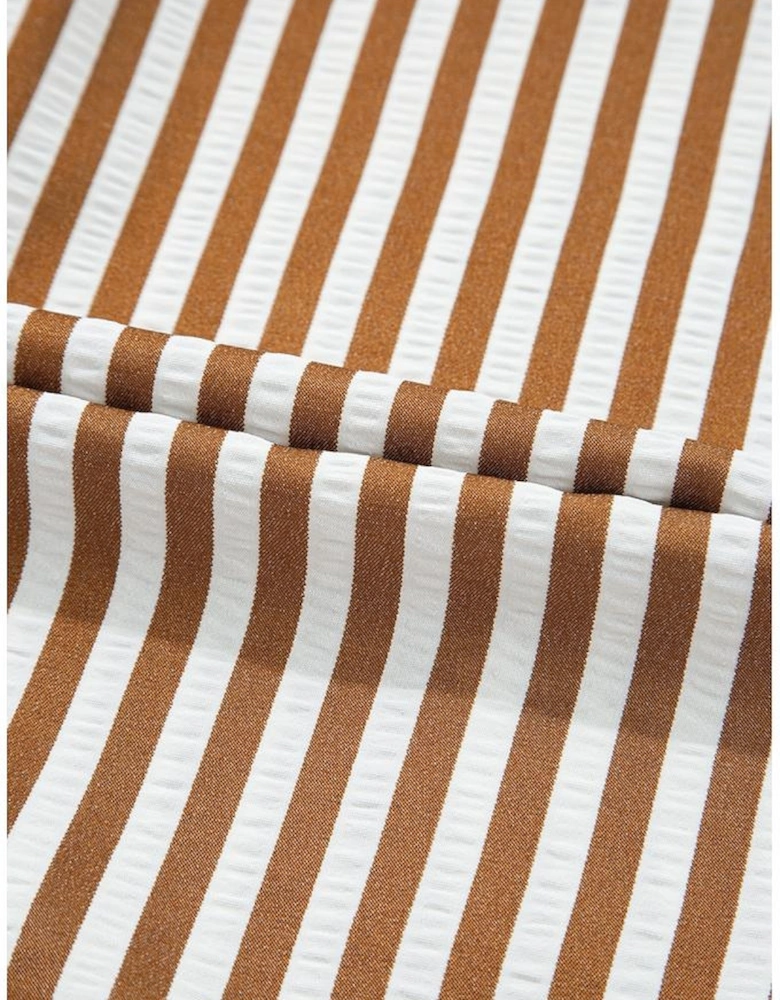 Brown Stripe Ruffled Hem Collared Long Sleeve Shirt Mini Dress