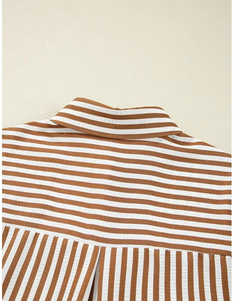 Brown Stripe Ruffled Hem Collared Long Sleeve Shirt Mini Dress