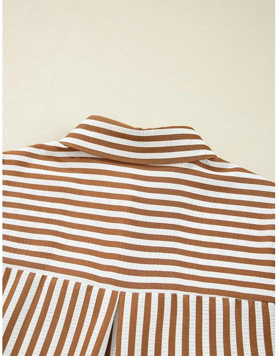 Brown Stripe Ruffled Hem Collared Long Sleeve Shirt Mini Dress