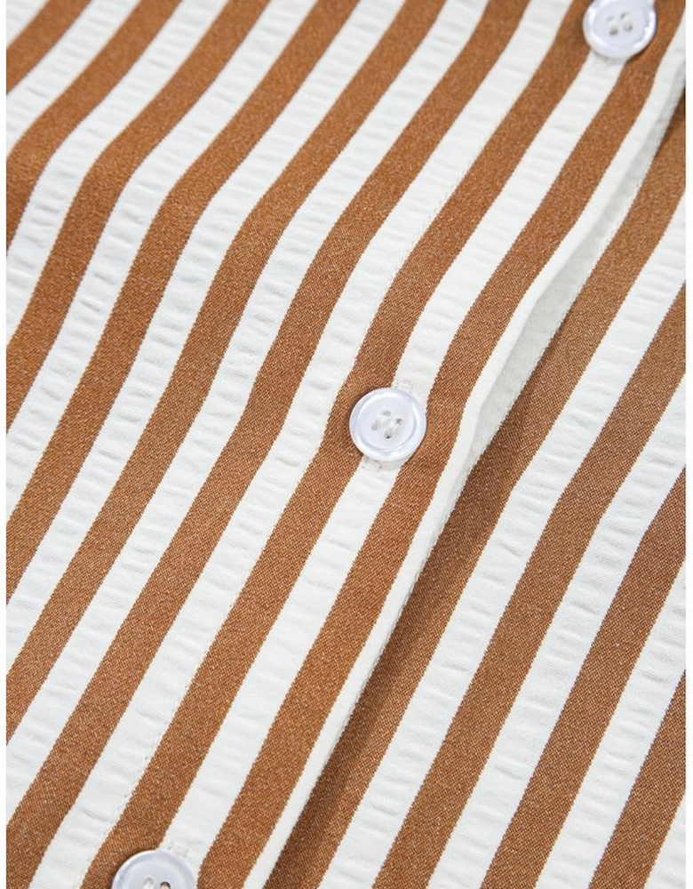 Brown Stripe Ruffled Hem Collared Long Sleeve Shirt Mini Dress