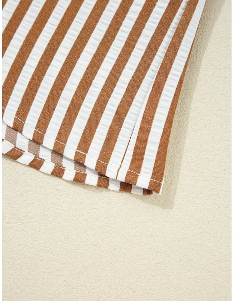 Brown Stripe Ruffled Hem Collared Long Sleeve Shirt Mini Dress