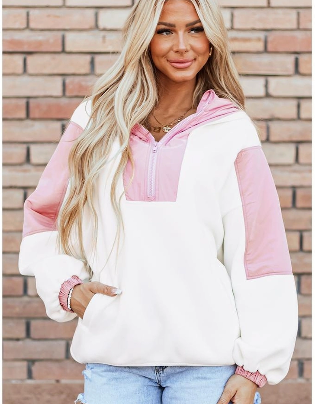 White Colorblock Patchwork Half Zip Oversized Sherpa Hoodie