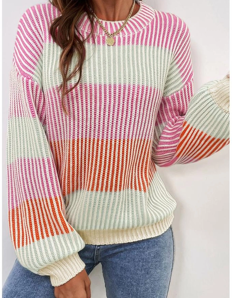 Pink Colorblock Textured Knit Bubble Sleeve Sweater