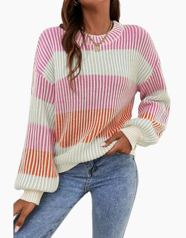 Pink Colorblock Textured Knit Bubble Sleeve Sweater