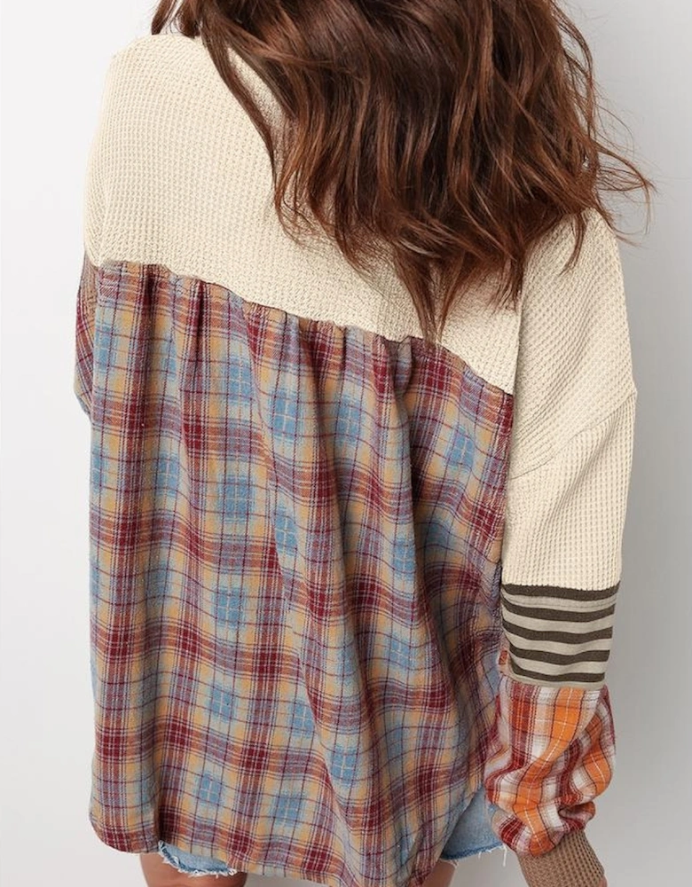 Beige Waffle Stripe Plaid Patchwork Henley Knit Top
