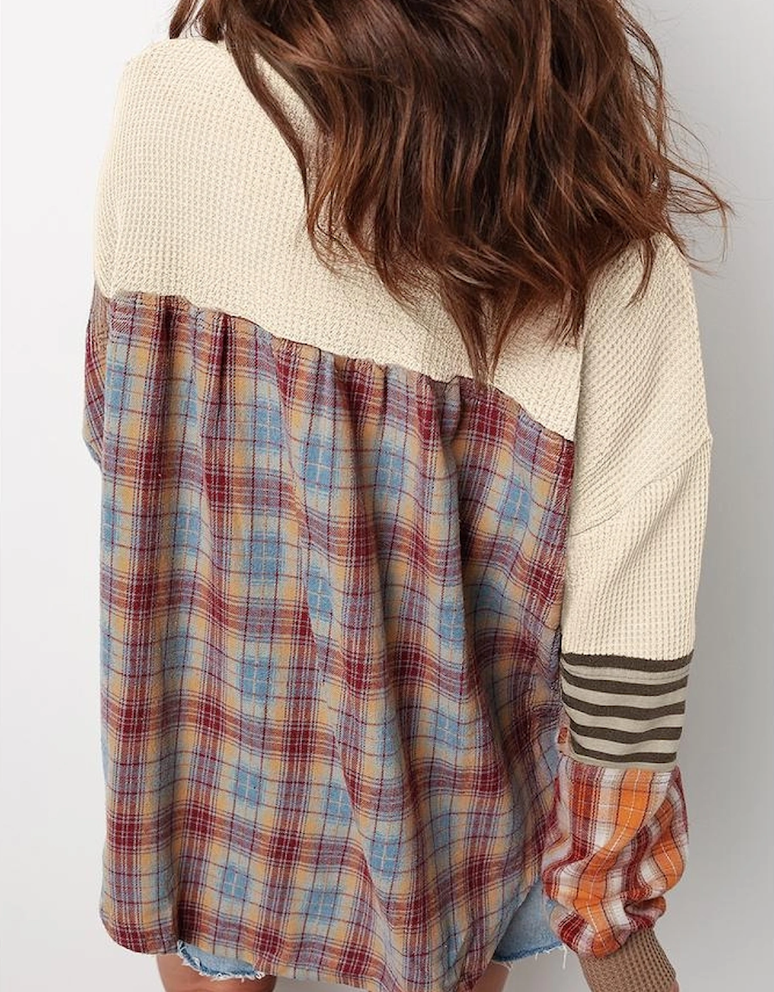 Beige Waffle Stripe Plaid Patchwork Henley Knit Top, 3 of 2