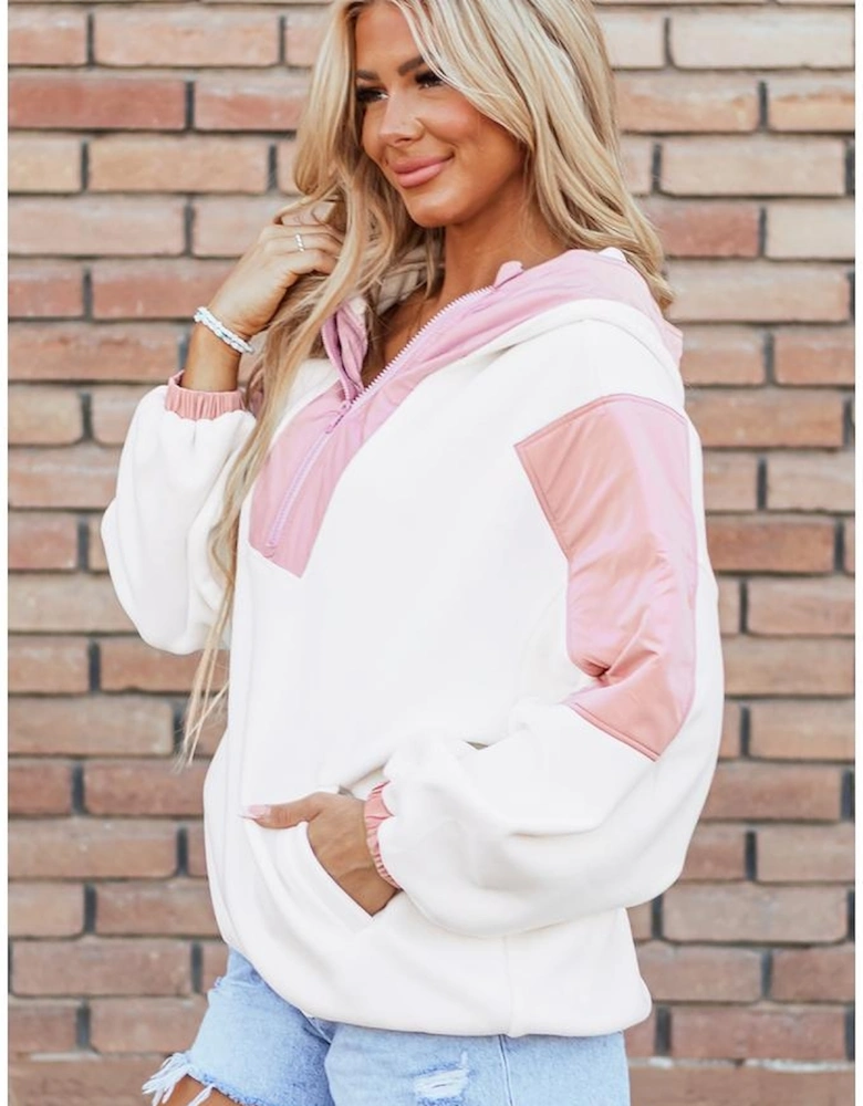 White Colorblock Patchwork Half Zip Oversized Sherpa Hoodie