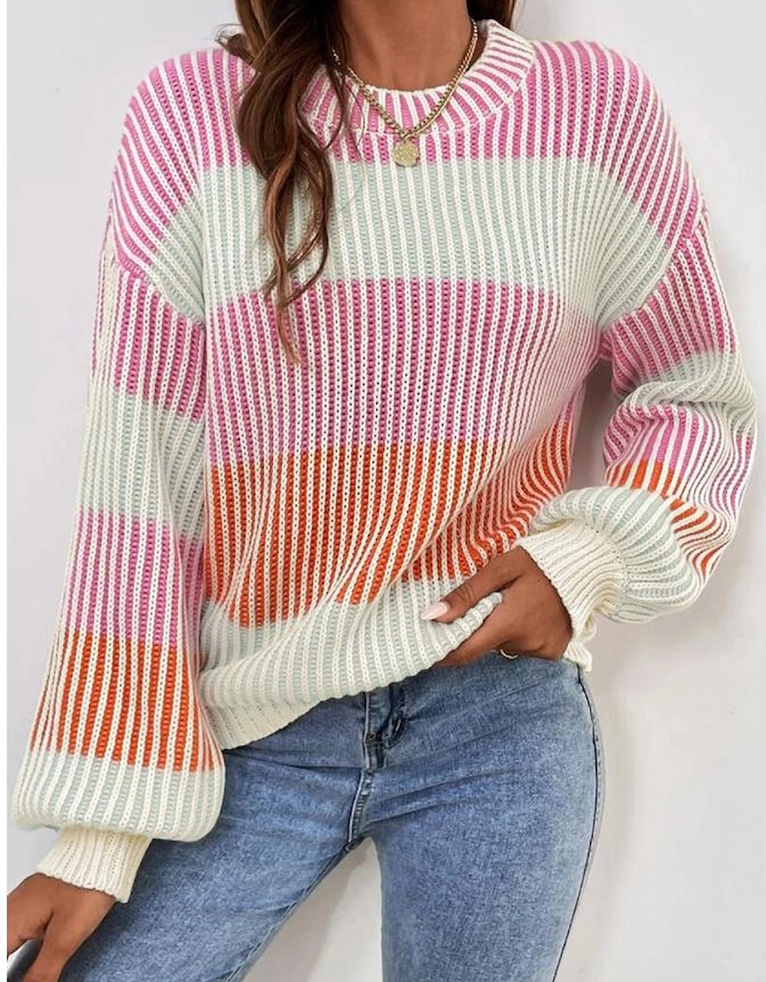 Pink Colorblock Textured Knit Bubble Sleeve Sweater