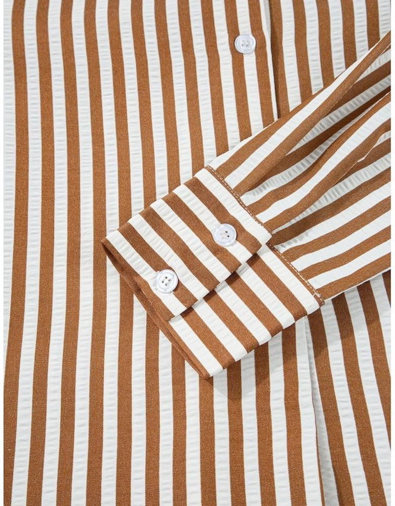 Brown Stripe Ruffled Hem Collared Long Sleeve Shirt Mini Dress