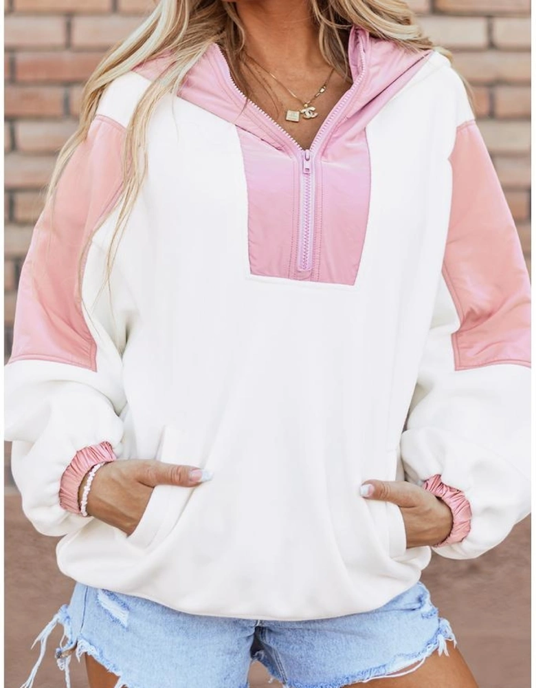 White Colorblock Patchwork Half Zip Oversized Sherpa Hoodie