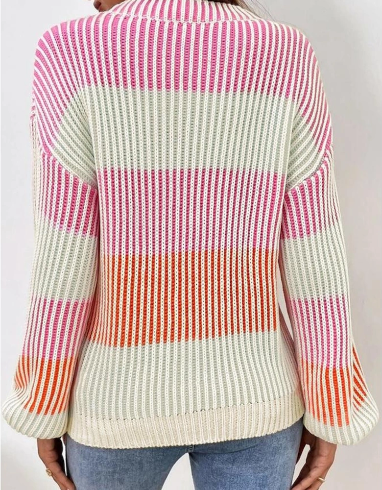 Pink Colorblock Textured Knit Bubble Sleeve Sweater