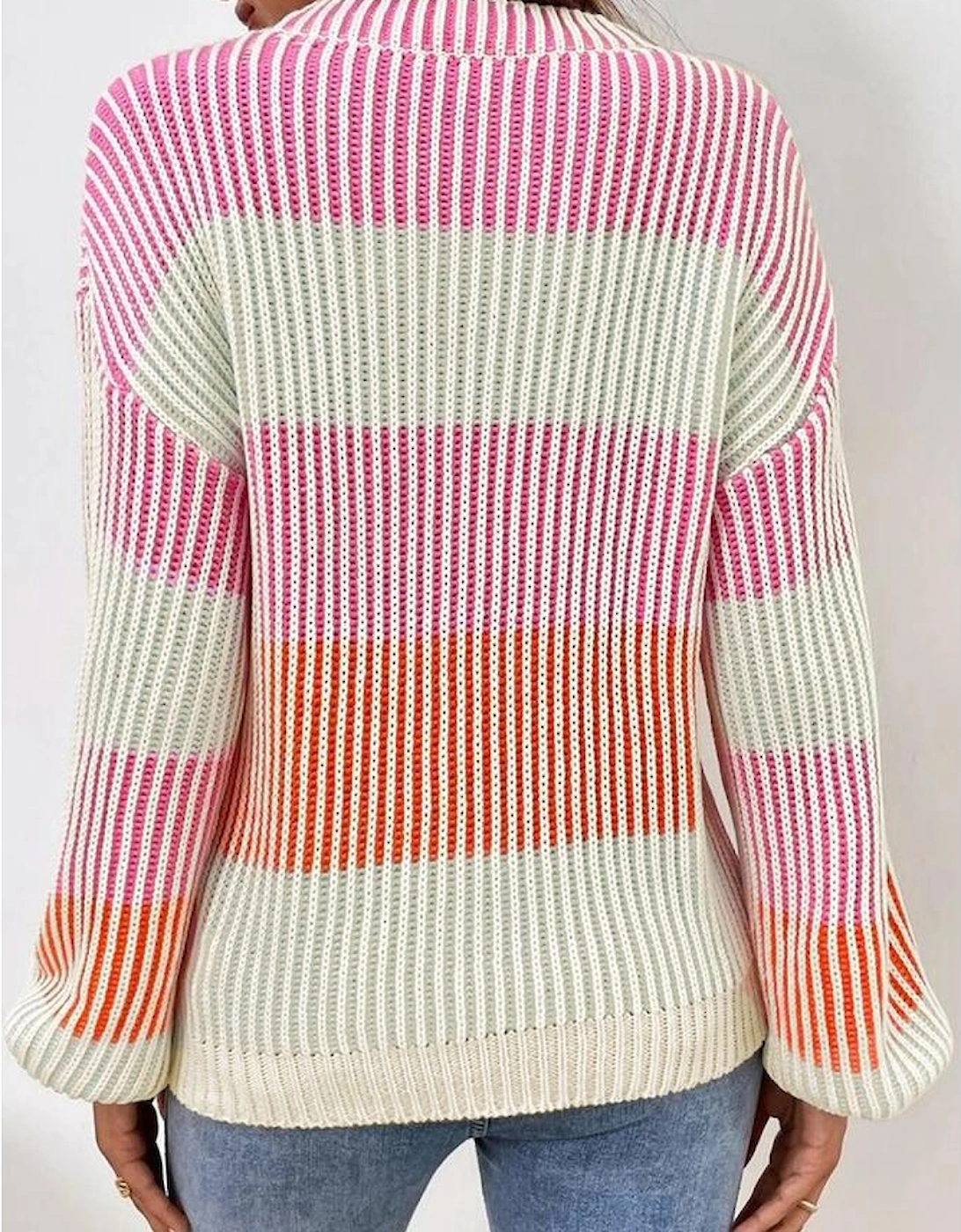Pink Colorblock Textured Knit Bubble Sleeve Sweater