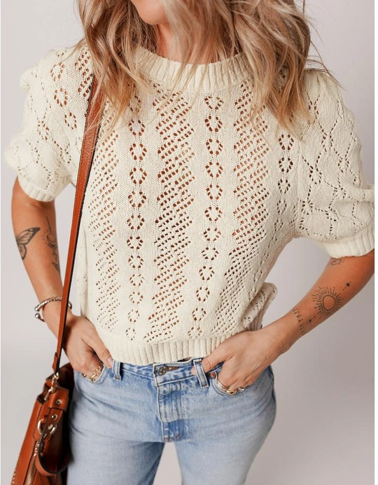 Beige Hollowed Pattern Knit Short Puff Sleeve Sweater