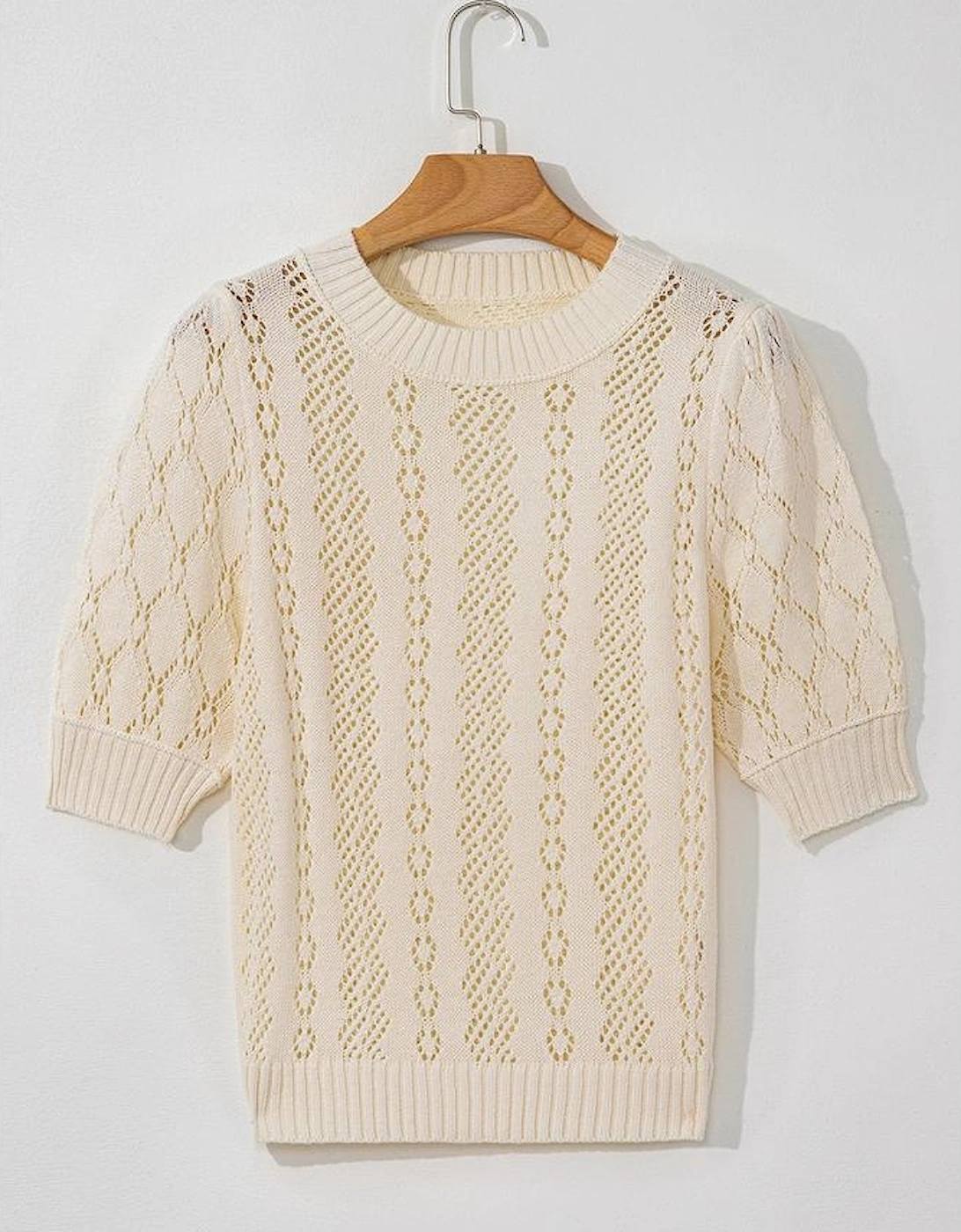 Beige Hollowed Pattern Knit Short Puff Sleeve Sweater