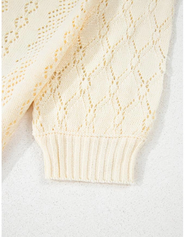 Beige Hollowed Pattern Knit Short Puff Sleeve Sweater