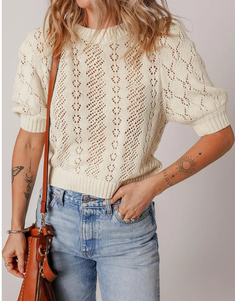 Beige Hollowed Pattern Knit Short Puff Sleeve Sweater