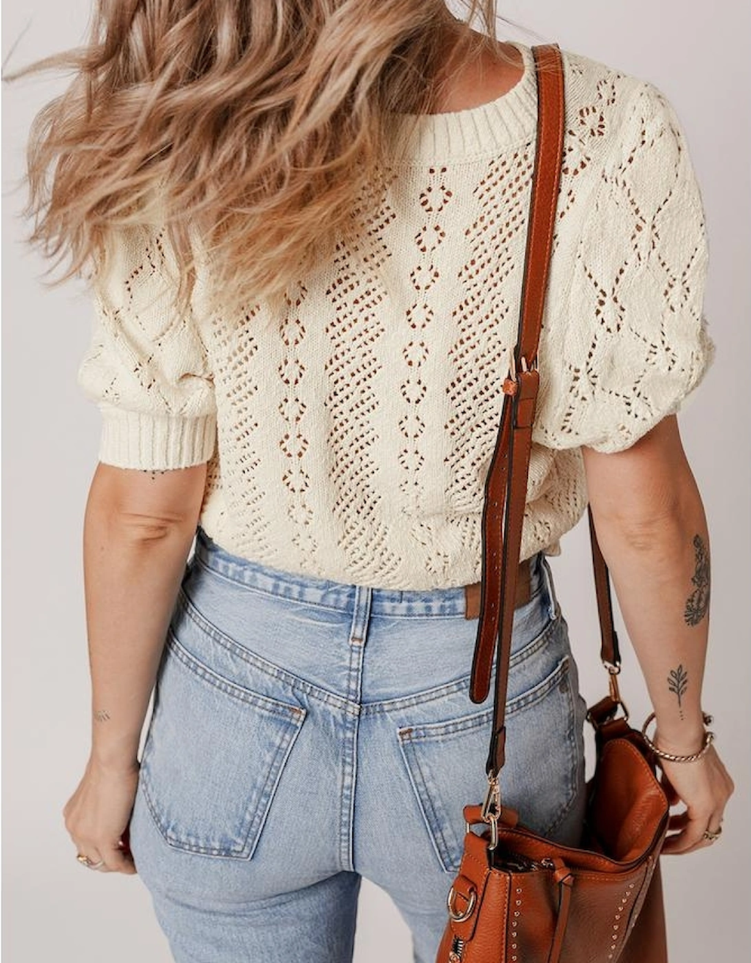 Beige Hollowed Pattern Knit Short Puff Sleeve Sweater