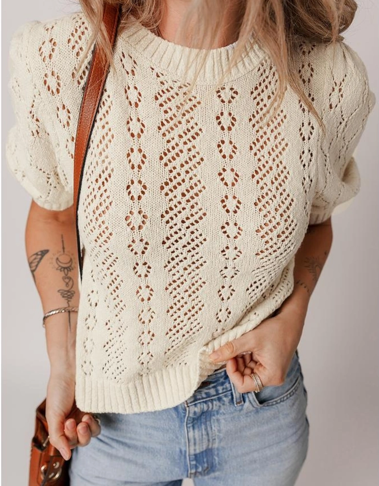 Beige Hollowed Pattern Knit Short Puff Sleeve Sweater
