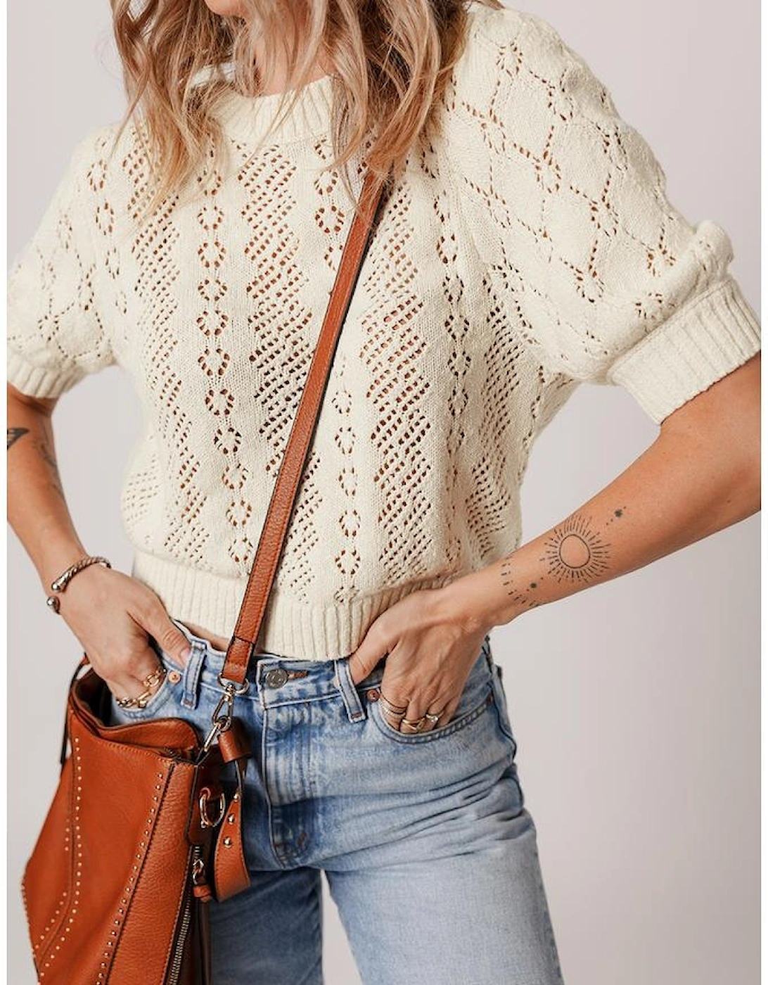 Beige Hollowed Pattern Knit Short Puff Sleeve Sweater