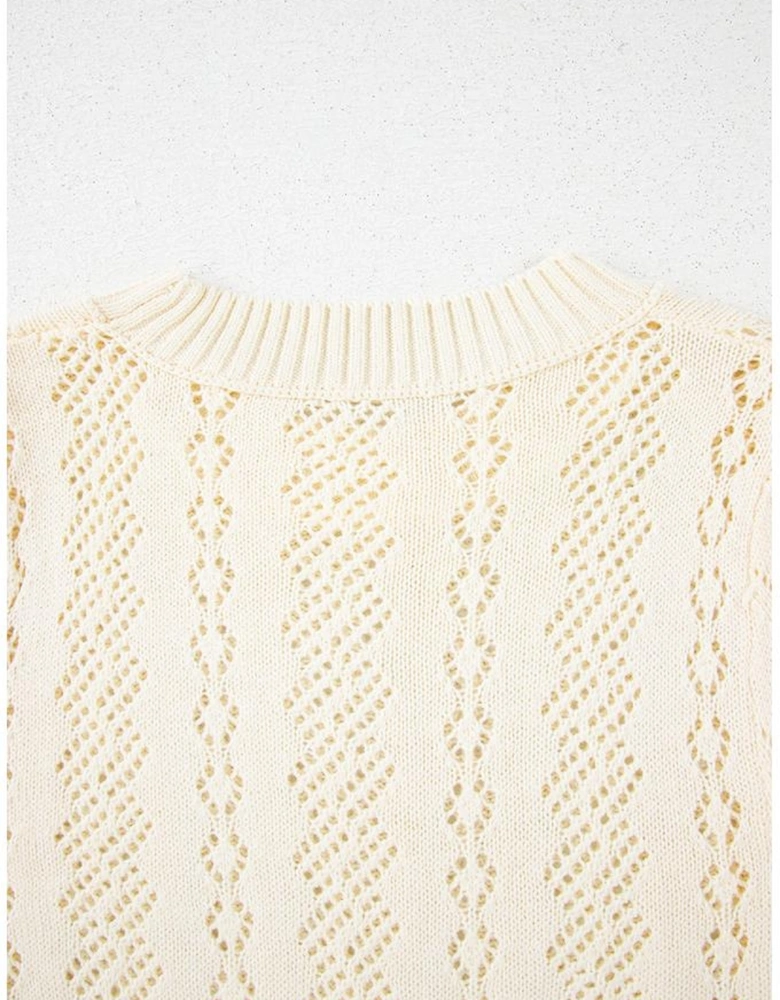 Beige Hollowed Pattern Knit Short Puff Sleeve Sweater