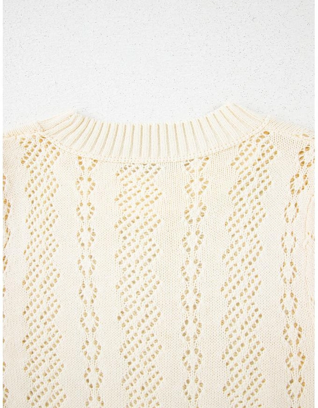 Beige Hollowed Pattern Knit Short Puff Sleeve Sweater