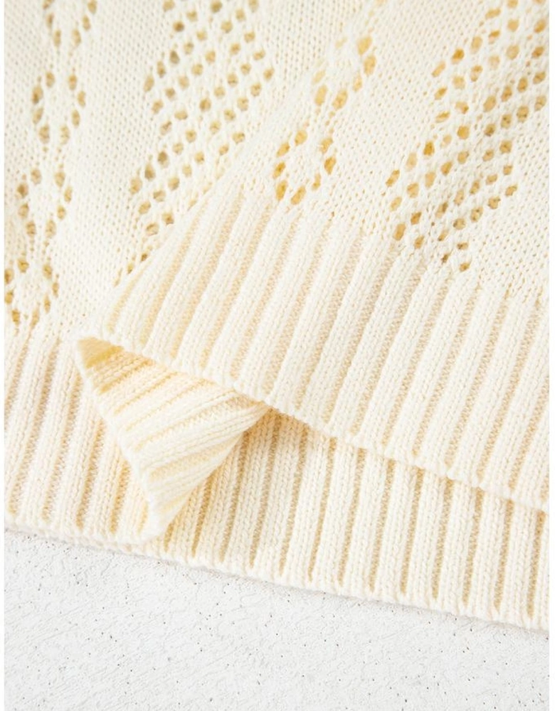 Beige Hollowed Pattern Knit Short Puff Sleeve Sweater