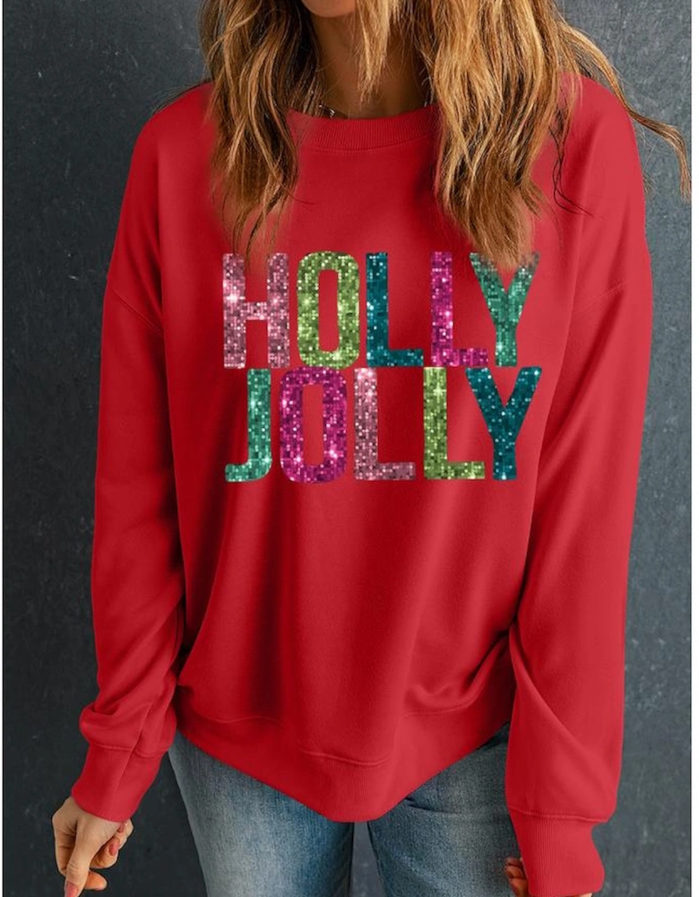 Red Heat Transfer HOLLY JOLLY Printing Christmas Pullover Sweatshirt