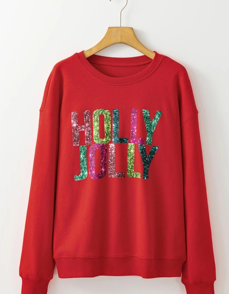 Red Heat Transfer HOLLY JOLLY Printing Christmas Pullover Sweatshirt