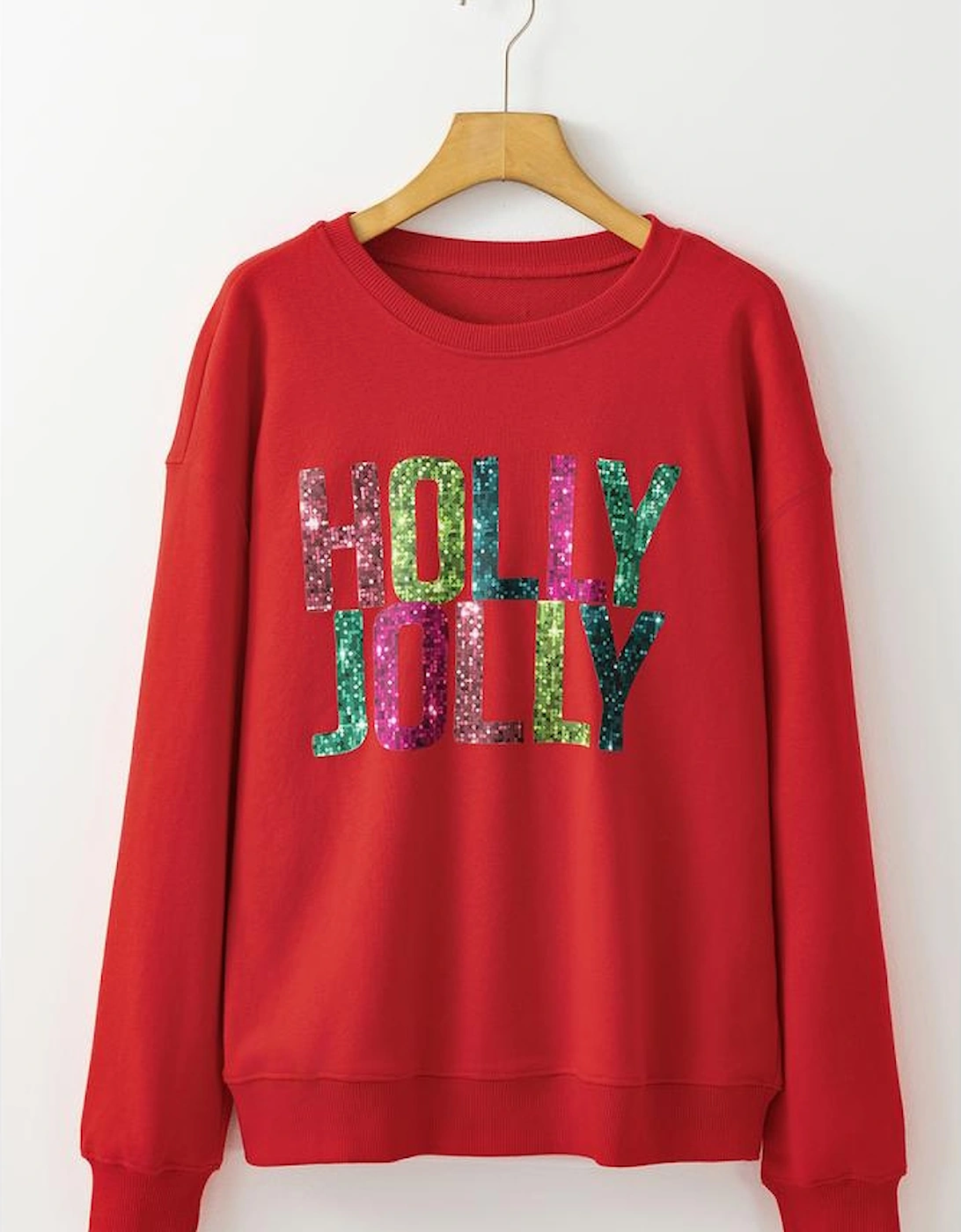 Red Heat Transfer HOLLY JOLLY Printing Christmas Pullover Sweatshirt