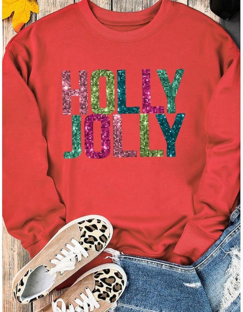 Red Heat Transfer HOLLY JOLLY Printing Christmas Pullover Sweatshirt