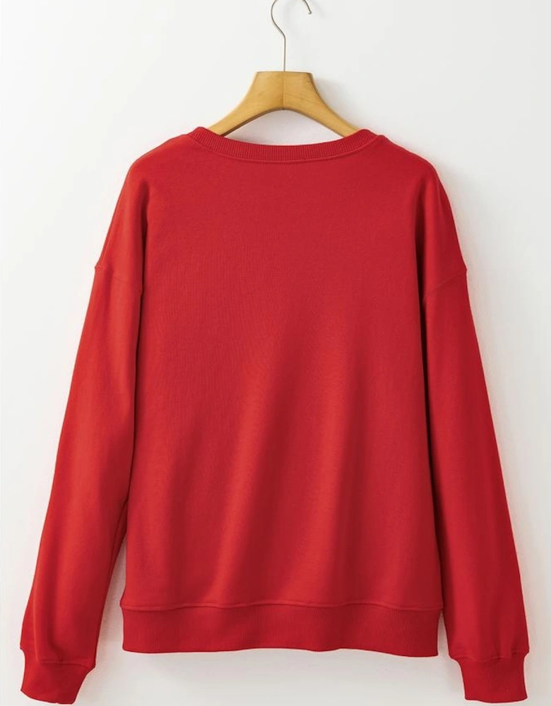 Red Heat Transfer HOLLY JOLLY Printing Christmas Pullover Sweatshirt