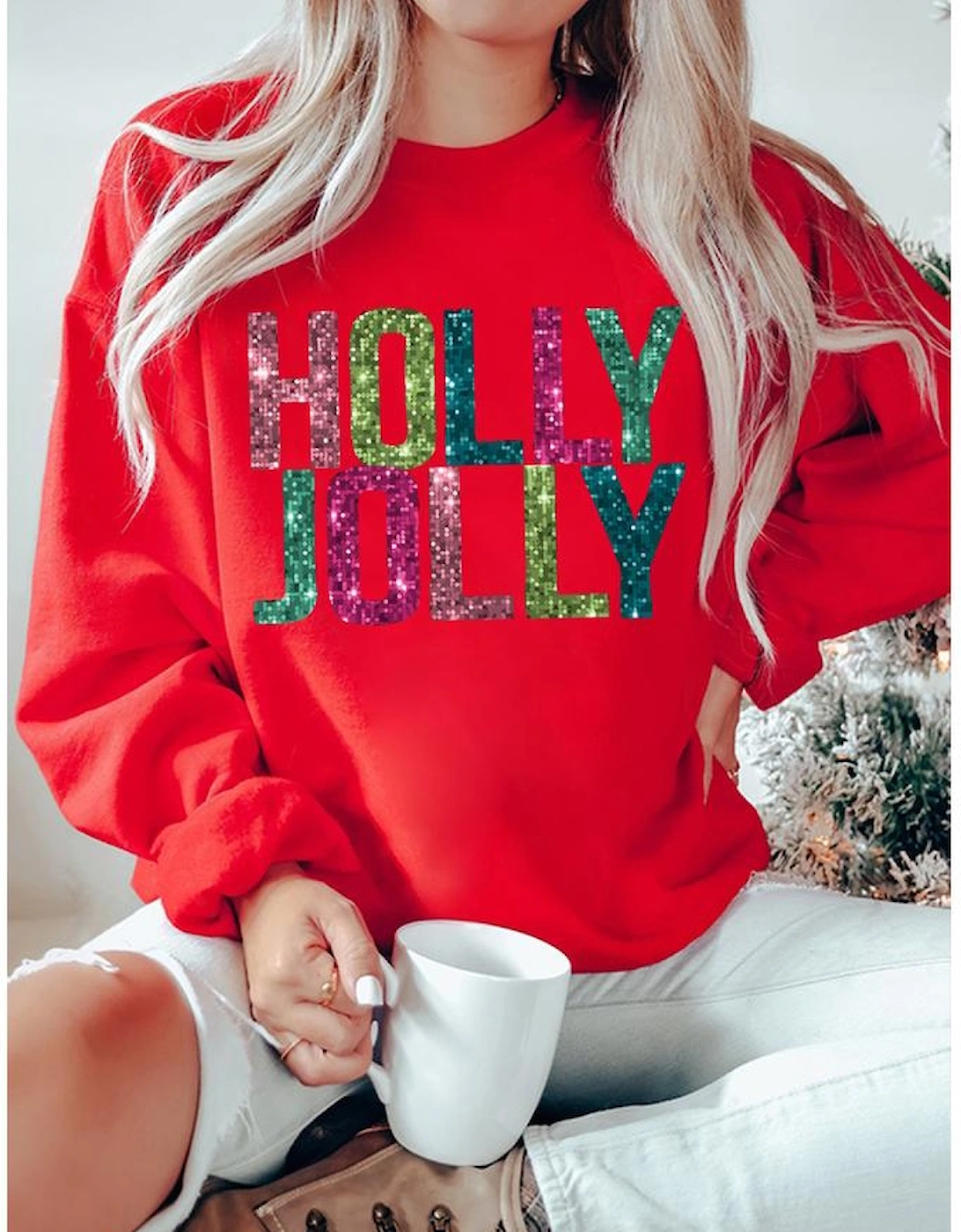 Red Heat Transfer HOLLY JOLLY Printing Christmas Pullover Sweatshirt