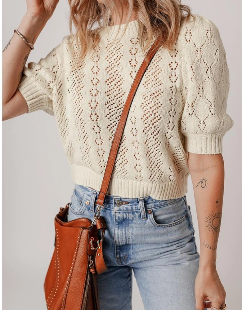 Beige Hollowed Pattern Knit Short Puff Sleeve Sweater