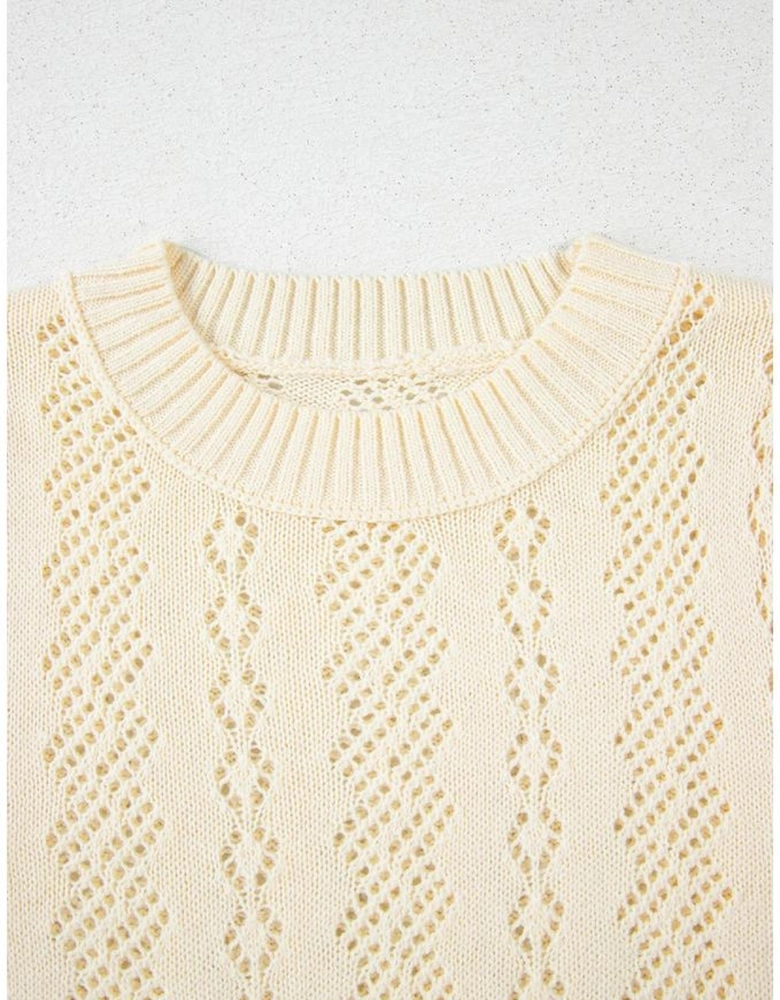 Beige Hollowed Pattern Knit Short Puff Sleeve Sweater