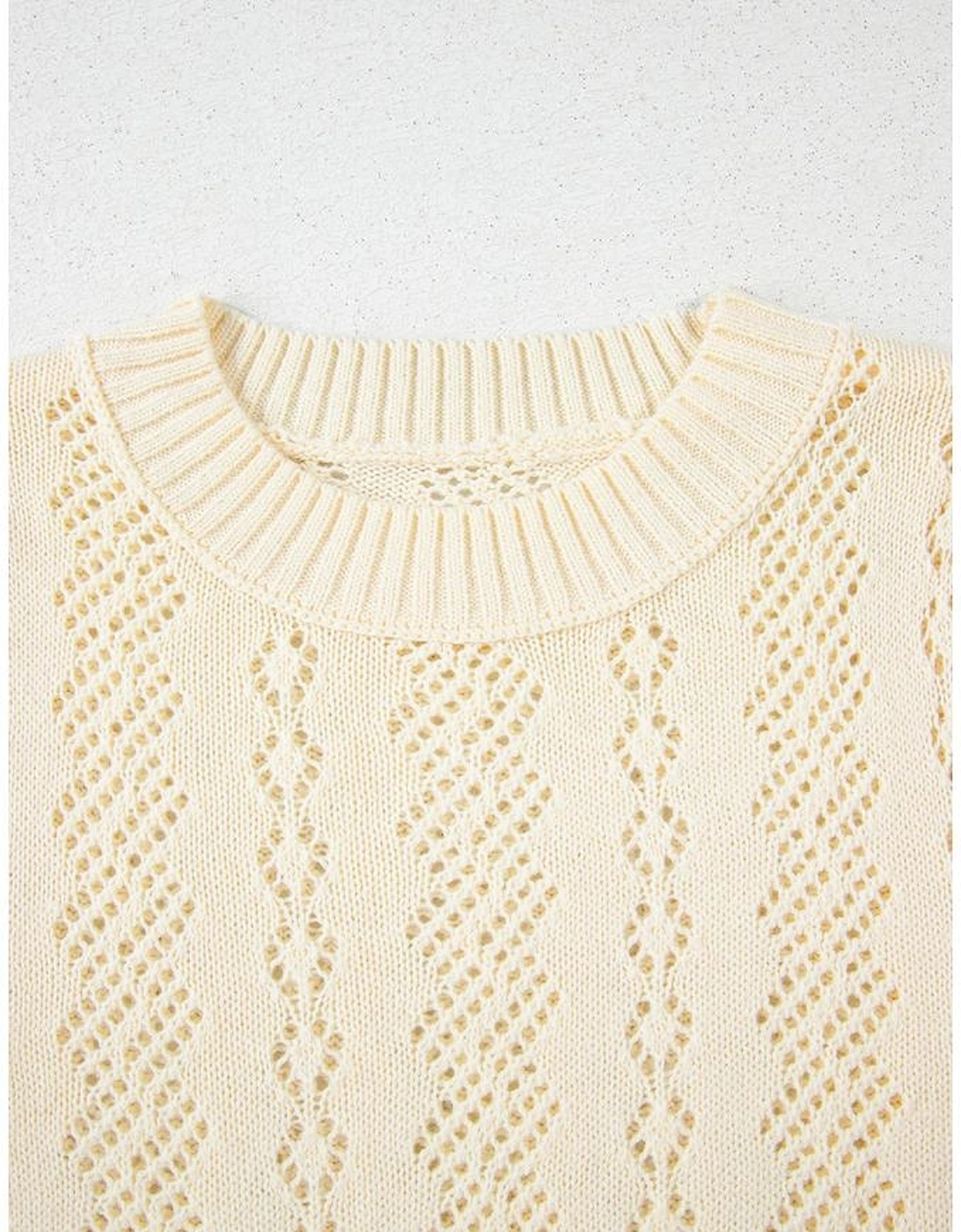 Beige Hollowed Pattern Knit Short Puff Sleeve Sweater