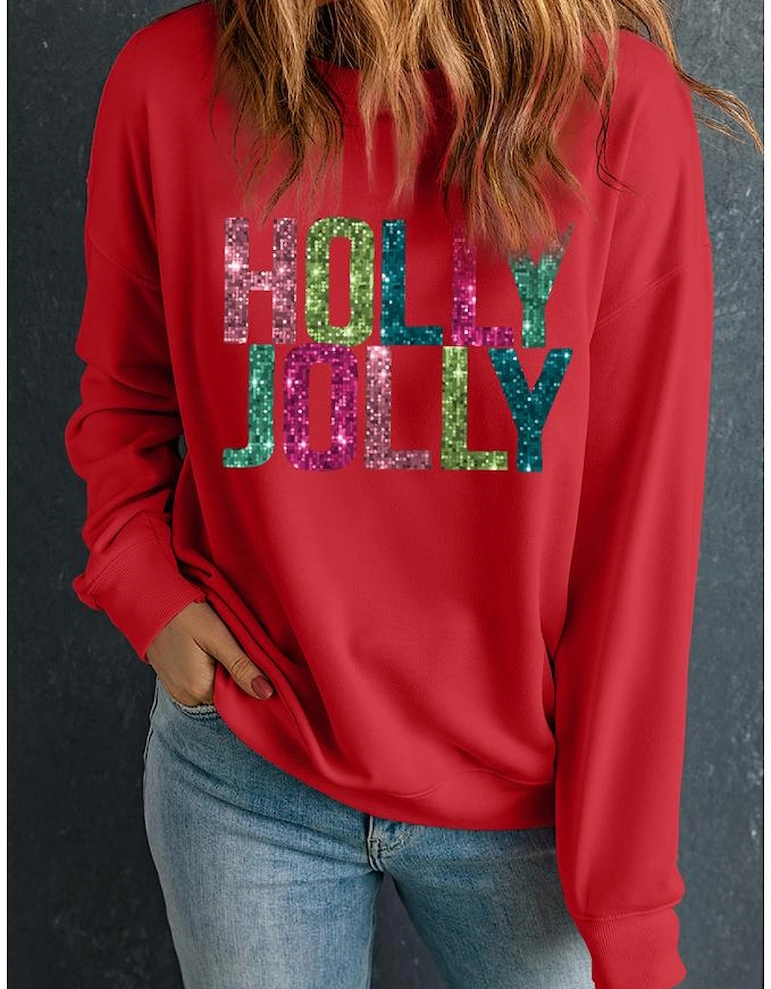 Red Heat Transfer HOLLY JOLLY Printing Christmas Pullover Sweatshirt