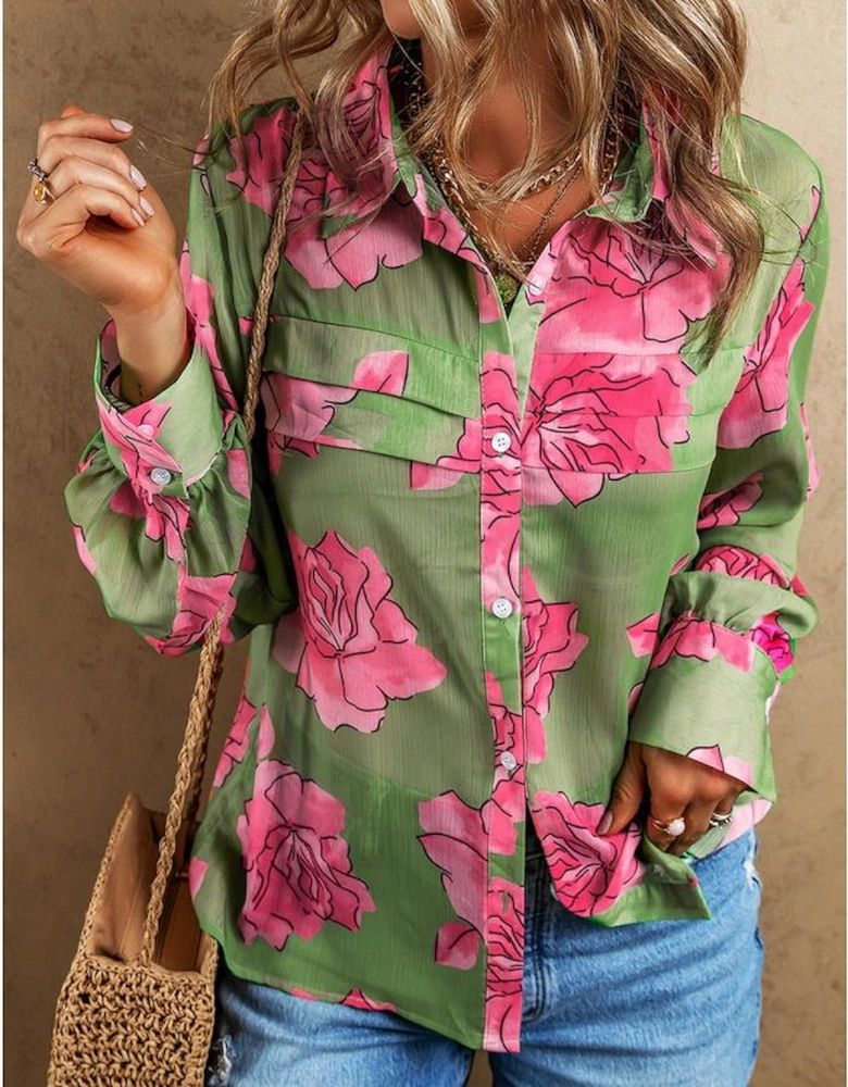 Green Floral Print Pleated Detail Puff Sleeve Shirt