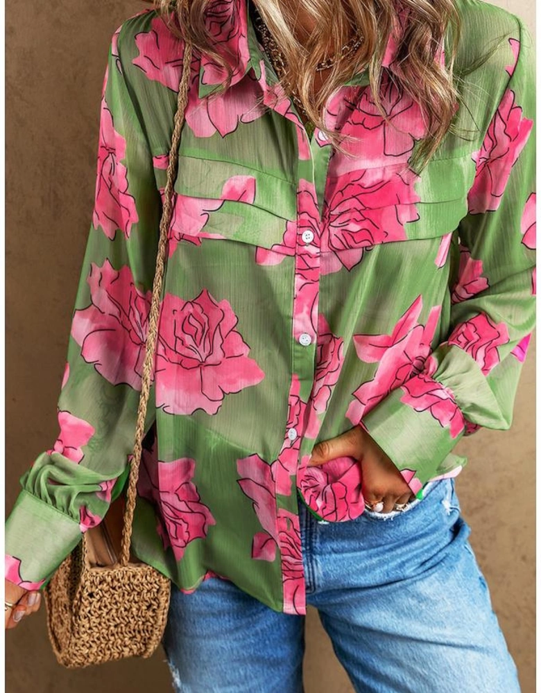 Green Floral Print Pleated Detail Puff Sleeve Shirt